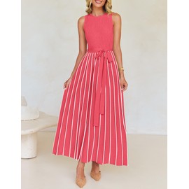 ZESICA Women's Summer Sleeveless Maxi Dress 2025 Crewneck Ribbed Knit Tie Waist Casual A Line Sweater Dresses Watermelon Medium