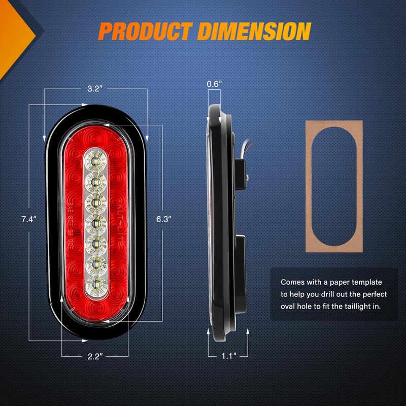 Nilight 2PCS 6Inch Oval LED Trailer Tail Lights Red White