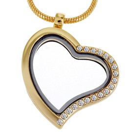 RUBYCA Living Memory Heart Locket Snake Chain Necklace Crystal Floating Charm DIY Gold Tone 1Pcs