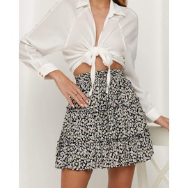 Alelly Minifalda de verano con volantes de cintura alta para mujer, con estampado floral, para playa, marino, S