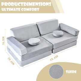 Olasme Kids Play Couch - 10 Pcs Toddler Sofa, Foam Modularized Convertible Couch Set for Playroom Bedroom (Grey), MSH-032