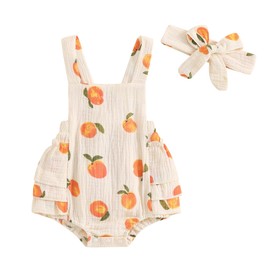 Baby Girl Summer Outfit Peaches print Sleeveless Ruffle Butt Romper with Bow Headband Newborn Infant Jumpsuit (Beige, 6-12 Months)