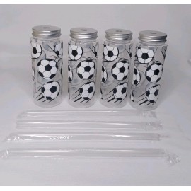 Unbranded Reusable Plastic Tumbler Cup With Lid & Straw Soccer Ball Design Set Of 4 Cups
