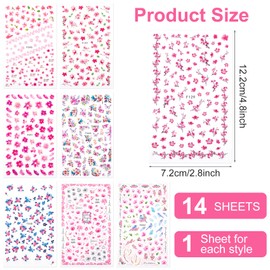 HINZIC 14 Sheets Flower Nail Art Stickers Self-Adhesive Cherry Blossoms 3D Nail Stickers for Nail Art Colorful Spring Nail Decals Pink Nails Stickers Designs Nail Art Decorations Valentines Day Gift for Women Girls
