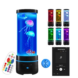 15" Jellyfish Light with Bluetooth Speaker,Black Modern Cylindrical Aquarium with 4 Jellyfish (2 Large + 2 Small), 16-Color Remote Control LED Lights,USB Powered,For Home and Office Decoration