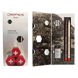 Swiss Wood Caran Dache Pencil Gift Set (HB Graphite Pencils, Eraser & Sharpener)