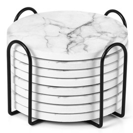 Coasters for Drinks, Set of 8 Absorbent Drink Coasters with Cork Base Back Metal Holder for Cup Kitchen Home Decor Housewarming Gift, Round 4"