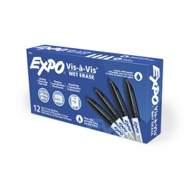 EXPO Vis-a-Vis Wet Erase Markers, Fine Point, Black, 12 Count