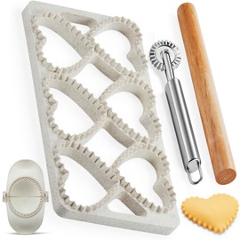 MUMSUNG Ravioli Maker Press, Ravioli Press Mold Set - Heart Ravioli Stamp Maker Cutter with Wood Rolling Pin, 2.6" Empanada Maker Press Kit and Ravioli Wheel, Makes 6 Ravioli