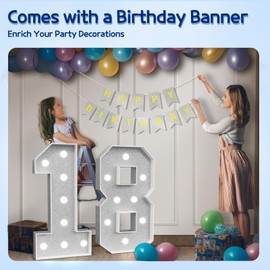 Marquee Numbers Silver 18th-Birthday Decorations: Large 3ft Light Up Number Grey 18 Birthday Decoration for Boy Girl 18 Year Old Teen Birthday Party Decor Backdrop Big Mosaic Number 18 with Banner