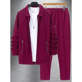 Veriliss Men's Tracksuits 2 Pieces Waffle Soft Hoodies Sweatsuit Sets Workout Top & Bottom Sets Sports Jogging Suit Set Trendy Catdigna Jacket Suit Business Outfits(Claret,S)