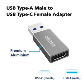 Akasa USB Type-A Male to USB Type-C Female Adapter | USB 3.2 Gen 2 | Up to 10 Gbps | Support Fast Charge | Compatible with Laptop, Phone, Tablet, PC | 2 Pack | Black and Space Gray | AK-CBUB61-KT02