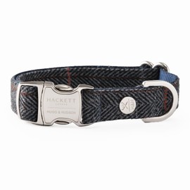 HUGO & HUDSON x HACKETT Tweed Dog Collar with Adjustable Metal Buckle, Grey Checked Herringbone XS