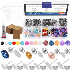 Glarks 652pcs Stainless Steel Earring Stud Kit, Mixed Color Faux Druzy Stud Earrings Set Includes Earring Posts Studs, Earring Backs, Colorful Cabochons for Jewelry Making and Earring Repair