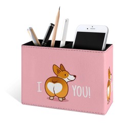 Famame Corgi I Love You Pencil Holder for Desk, Leather Desktop Container Pen Cup Storage Study Table Pen Organizer Makeup Brushes Holder for Office Home