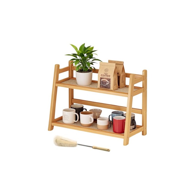 Cup Rack 2-Tier Bamboo with Rattan Look, Space-Saving Cup Holder,