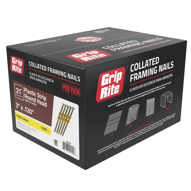 Grip-Rite GR301, 21-degree RH Plastic Strip Collated Fasteners, 3" x