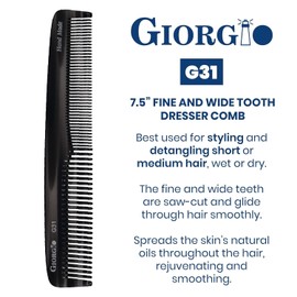 Giorgio G31 Fine Tooth and Wide Tooth, Hair Comb - Hair Styling Comb for Men, and for Women, Mens Beard Care Combs for Detangling and Styling - Handmade Saw-Cut and Hand Polished (Black Graphite)