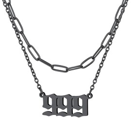 FindChic Black Layered Necklaces for Women Trendy Dainty Angel Number 999 Stainless Steel Paperclip Choker Chain Lucky Jewelry Gift for Girlfriend Her