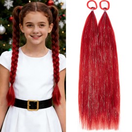 Colored Ponytail Hair Extensions Red Ponytail Extension 2 Packs, 20 inch Crazy Hair Day Accessories for Women, DIY Festival Wacky Rave Braids,Tinsel Mixed (Red)