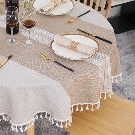 SUCHDECO Linen Tablecloth Round 140 cm Washable Cotton Tablecloth Wrinkle-Free Dustproof with Tassels Striped Embroidery for Kitchen, Dining Table, Coffee Table, Garden Table, Khaki