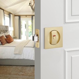 Bonpoly 3 Pack Pocket Door Handles with Indicator, Gold Pocket Door Hardware Without Key, Flush Pocket Door Latch for Sliding/Bifold Doors, Heavy Duty Recessed Door Knob, Modern Square Design