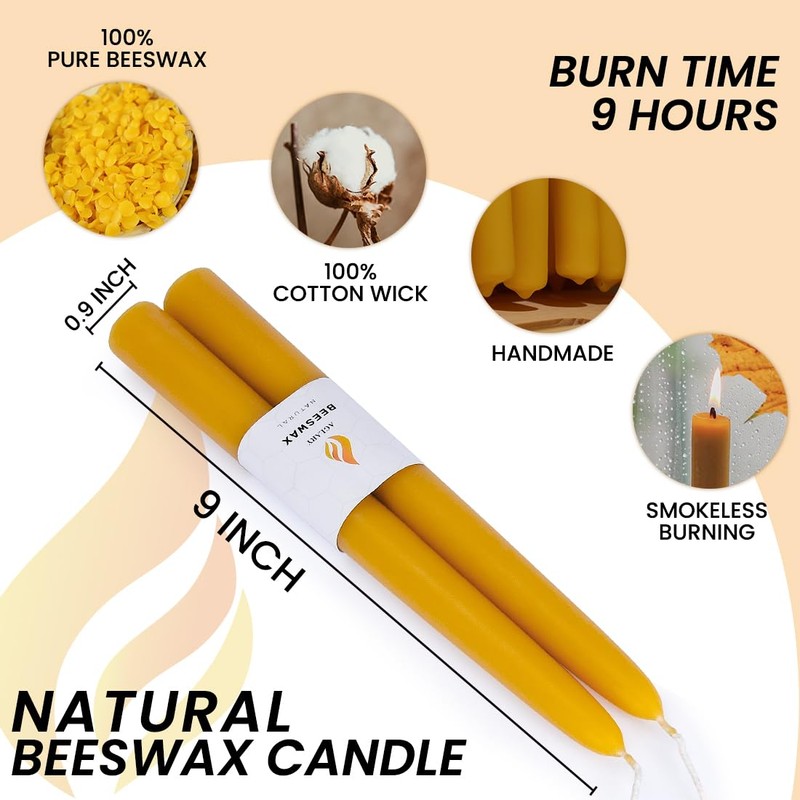 Aglary 2PCS Beeswax Taper Candles, 9" Handmade Natural Candles, Dripless