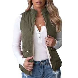 Valphsio Womens's Reversible Vest Lightweight Quilted Sherpa Fleece Vest Sleeveless Coat (Medium, Army Green)