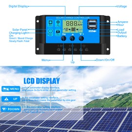 30A PWM Solar Charge Controller, 12V 24V Dual USB Solar Panel Battery Intelligent Regulator with LCD Display, Auto Parameter Adjustable, Timer Setting, Multiple Load Control Modes