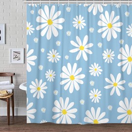 Blue Daisy Floral Shower Curtain, Cute Boho White and Blue Groovy Retro Flower Fabric Shower Curtains Set for Girls Bathroom Decorative, Aesthetic Restroom Decor Accessories with Hooks 72X72 Inch