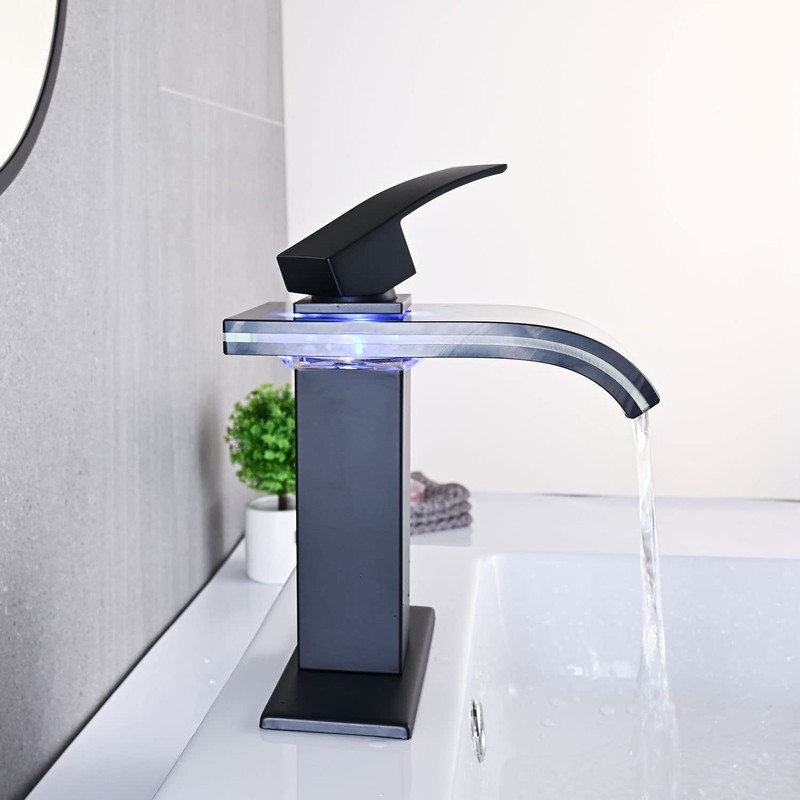 AVSIILE LED Bathroom Sink Faucet, Matte Black Waterfall Single Hole