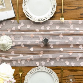 Artoid Mode Pink Heart Gauze Table Runner 70x300 cm, Sheer Cheesecloth Dining Anniversary Birthday Table Decor for Home Party