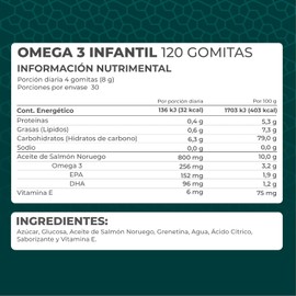 PRONAT | Omega 3 Infantil, Suplemento Alimenticio, 120 Gomitas con 256 mg de Omega 3, 152 mg de EPA, 96 mg de DHA y Vitamina E