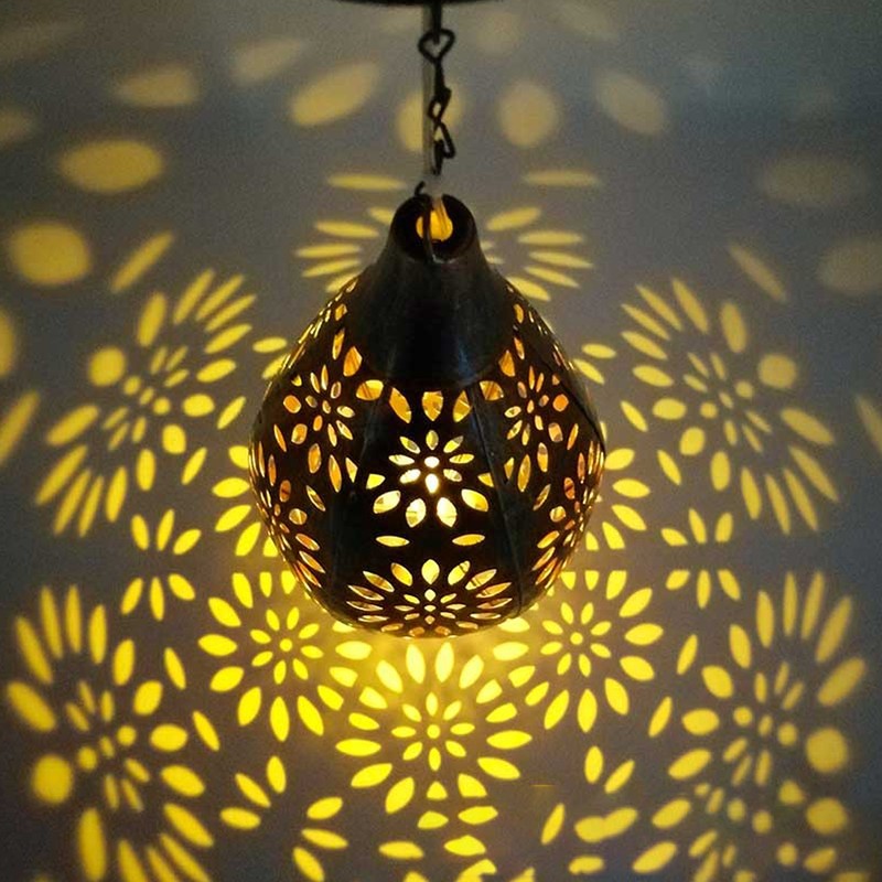 Hanging Solar Light Bronze Iron Metal Hollow Pattern Outdoor Lawn