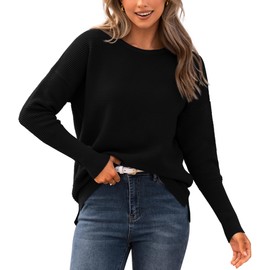 BTFBM Casual Women 2025 Fall Sweater Long Sleeve Ribbed Knit Pullover Loose Crewneck Batwing Split Sweater(Solid Black,Medium)