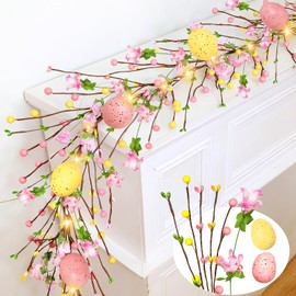 6 Ft Easter Garland with Lights Timer Easter Decorations, Artificial Easter Egg Garland Berried Pink Flower Spring Garland Battery Operated for Home Table Mantle Fireplace Holiday Decor Indoor Outdoor