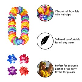 4 Pack Thickened Rainbow Hawaiian Leis Floral Necklace with 4 Hair Clips for Hula Dance Luau Party, Party Favors Celebrations and Decorations