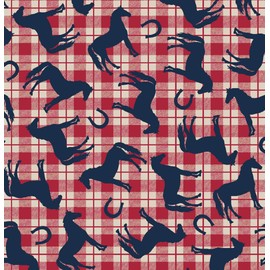 100% Cotton Flannel Fabric Sold by The Yard 1 Yard = 36 in. Length (Horses & Horseshoes on Red Plaid)