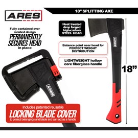 ARES 45006 – 18-Inch Splitting Axe – Lightweight Fiberglass Handle Construction – High-Carbon Steel Blade Head – Gardening, Hiking, and Outdoor/Adventure Applications