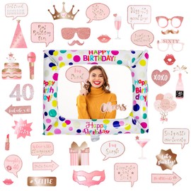 Iridsmole 40th Birthday Photo Booth Props, Rose Gold Inflatable Selfie Frame, 38pcs 40th Birthday Decorations for Women, 40th Giant Inflatable Photo Booth Frame for Ladies Womens Party Decoration