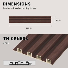 POHARE WPC Slat Wall Panels, 8 Pack Accent Decorative Acoustic Wood Slats for Wall and Ceilings, Acoustic Panels for Interior Wall Modern Décor, Walnut, 95 x 6 in