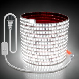 Samsion White LED Strip Lights 110V for Bedroom 20FT Adhesive Flexible Outdoor Waterproof LED Rope Light for Outside AC 110V-120V 2835 120LED/M LED Tape Light with Switch Plug in for Bedroom Indoor