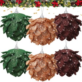 Threan 6 Pcs Christmas Ornaments Balls Glitter Pinecones Ornaments 3.15" Christmas Tree Decoration Hanging Flower Balls for Xmas Tree Wreath Holiday Crafts Home Decor (Bronze,Brown,Green)