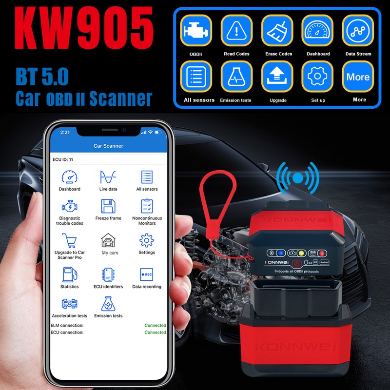KONNWEI KW905 BT 5.0 Wireless OBDII Car Auto Diagnostic Scan