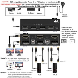 KVM Switch 2 Monitors 2 Computers Dual Monitor HDMI and Displayport KVM 2 in 2 Out 4K 60Hz USB KVM Switcher for 2 Computers (DP+HDMI+USB) Input Port Share 2 Monitors (1 with DP 1 with HDMI Port)