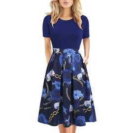Women's Elegant Vintage Cotton Casual Floral Print Work Party A-Line Swing Dress with Pockets 838 (S, Royal Floral)