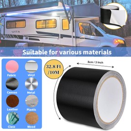 Outdoor Awning Tent Patch Canopy Waterproof Repair Tape, Heavy Duty Boat Covers Fabric Repair Tape, UV Proof Sail Tape, Heat-Resistant Canvas RV Roof Repair Tape, 1 Roll, Black (8CMx10M)