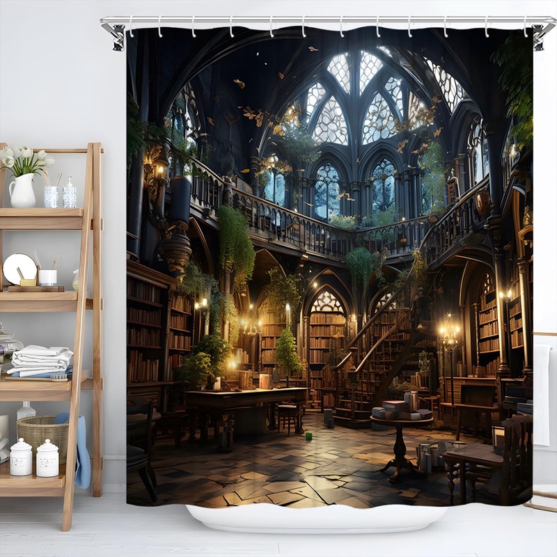 Gothic Library Shower Curtain Retro Room for Study in The