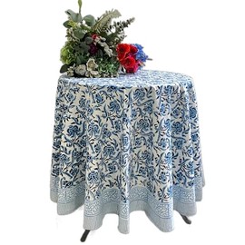 ATOSII Midnight Bloom 100% Cotton Spring Summer Round Tablecloth, Handblock Print Floral Table Cloth for Kitchen Dining Linen I Parties, Weddings, Outdoors, Holidays, Mother's Day I 60" Inches Round