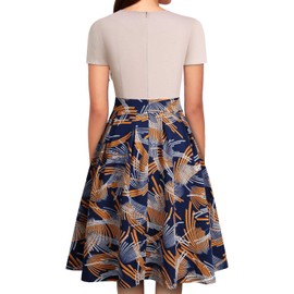 YATHON Women's Vintage Floral Flared A-Line Swing Casual Party Dresses with Pockets (M, YT018-Beige Firework)